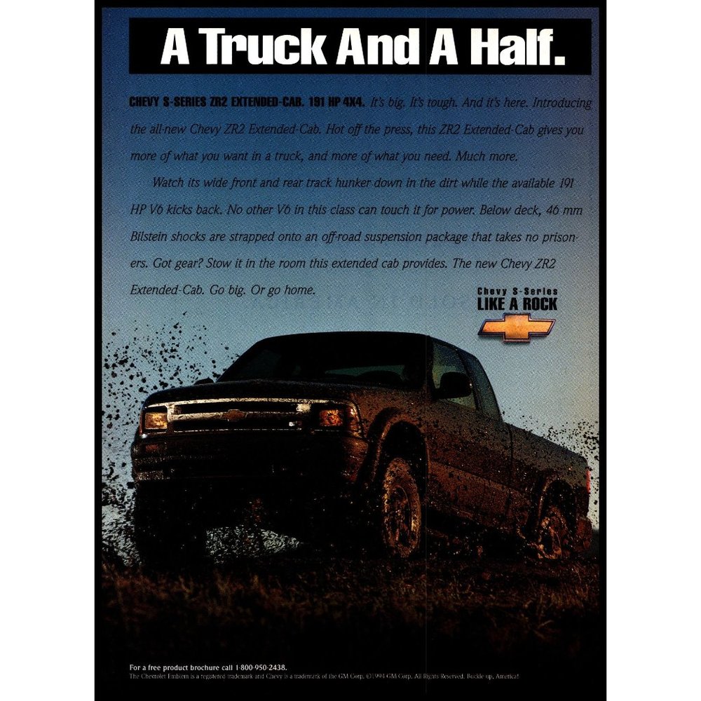 1995 Chevy S Series ZR2 Exrended Cab Pickup Truck Vintage Print Ad Mud Wall Art